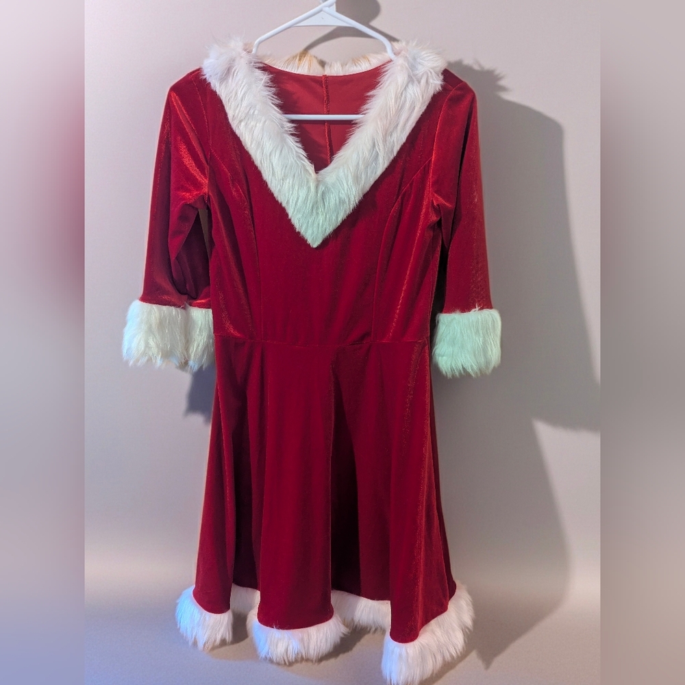 Red Velvet Christmas Holiday Dress with White Fur Trim, Santa Claus / Mrs. Claus